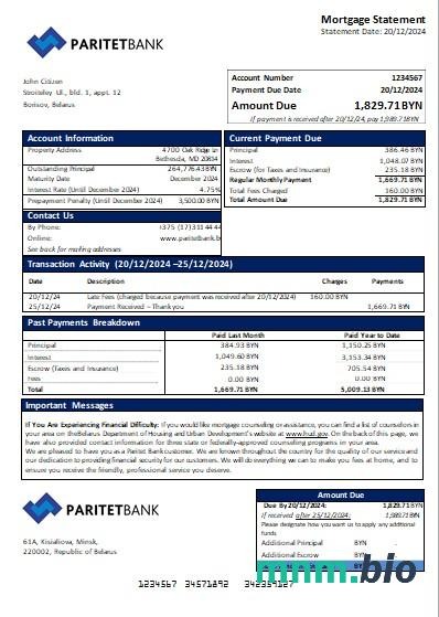Białoruś Bank Paritet wyciąg z kredytu hipotecznego szablon Word i PDF